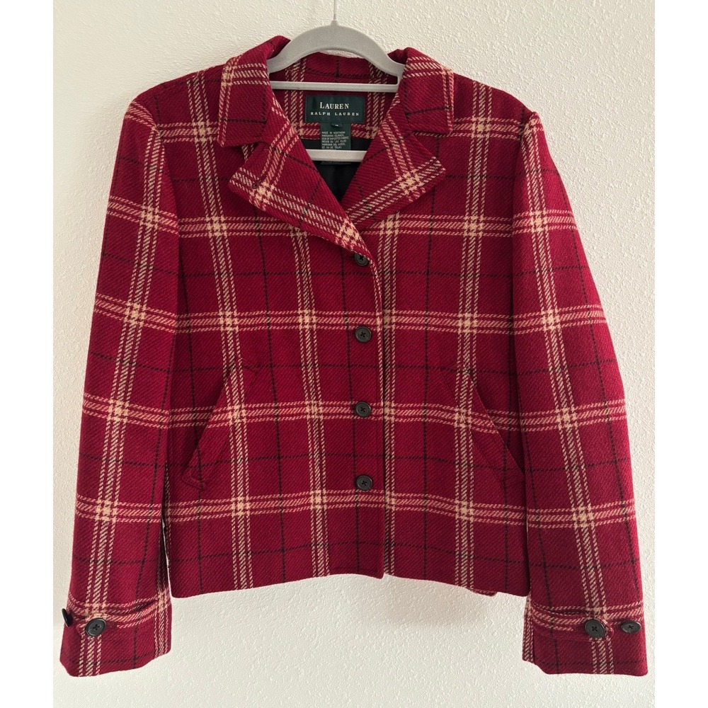 Vintage Ralph Lauren Blazer Womens 8 Red Plaid Wool Preppy‎ Academia 90s Classic
